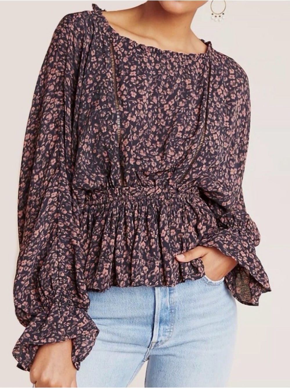 Anthropologie Black Floral Smocked-Peplum Blouse with Pink Print